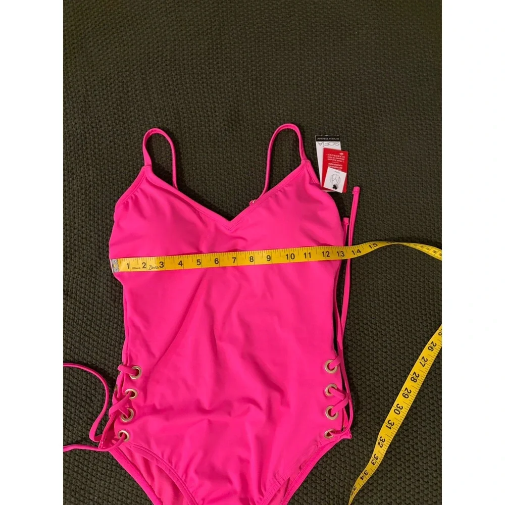 Sofia Vergara Swimsuit Women Pink Lace Up Side One Piece Neon Gold Grommet S 4-6